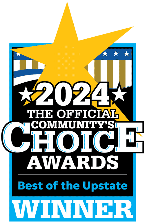 2024 Community's Choice Awards winner badge for Grier Roofing, highlighting "Best of the Upstate" recognition with a star emblem and bold text.