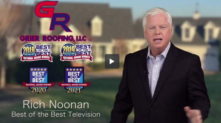 Rich Noonan presenting Grier Roofing, showcasing awards for excellence in roofing services, with a residential property in the background.