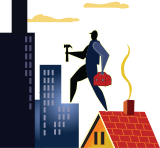 Illustration of a professional roofer carrying a toolbox and hammer, standing on a roof with a city skyline in the background, symbolizing Grier Roofing's expertise in residential and commercial roofing services.