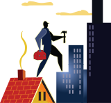 Illustration of a roofer with a toolbox and hammer, standing on a house and skyscraper, symbolizing Grier Roofing's expertise in residential and commercial roofing solutions.