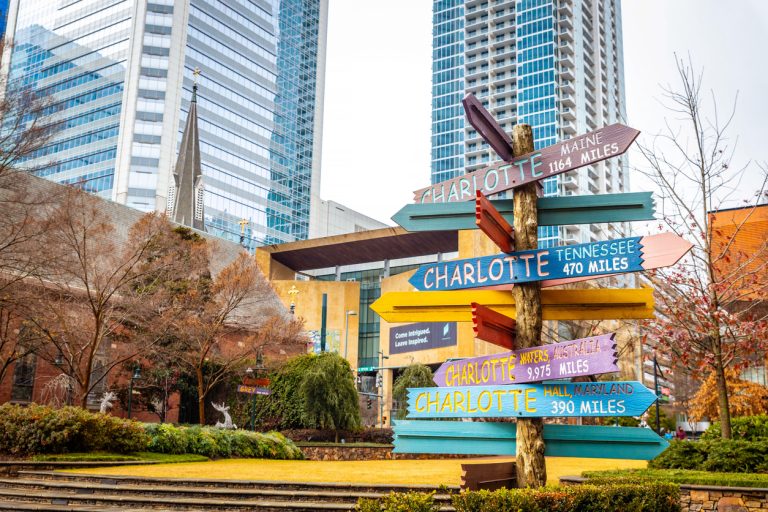 Colorful directional signpost in Charlotte, NC, showing distances to various locations, surrounded by modern buildings and greenery, reflecting the city's vibrant atmosphere.