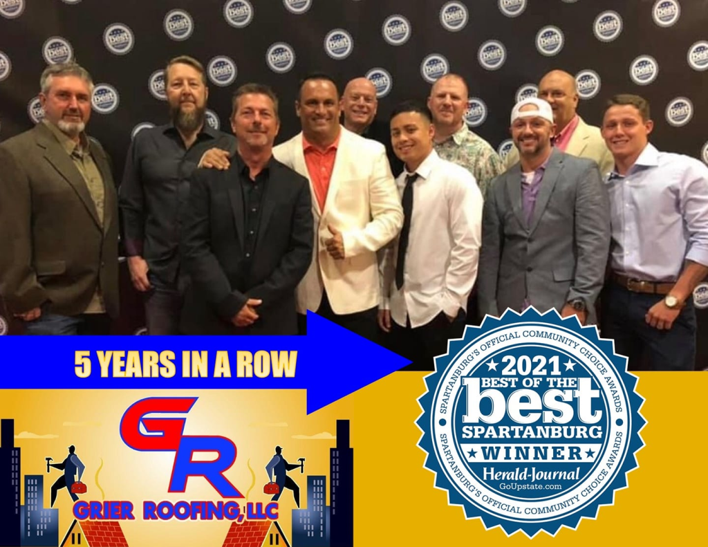 Group of Grier Roofing team members celebrating their recognition as the 2021 Best of the Best Spartanburg Winner, featuring the company logo and award details prominently displayed.