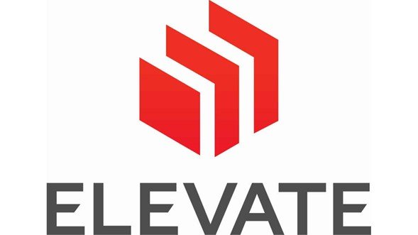Elevate logo featuring red geometric shapes and bold lettering, representing innovative commercial roofing solutions.
