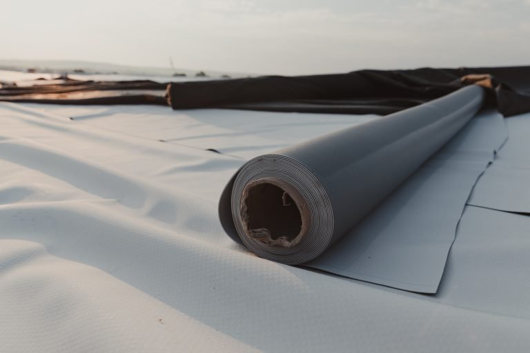 Roll of TPO roofing material on a commercial roof installation site, highlighting durable and energy-efficient roofing solutions for Asheville businesses.